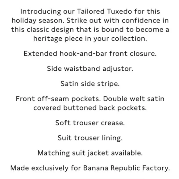 NWT Banana Republic Tailored Fit Tuxedo Black Suit Pant Sz 38 x 30 (#781724)